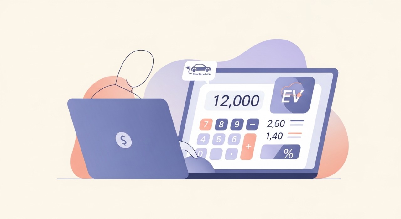 Jadual Pinjaman Kenderaan Elektrik Faedah Berubah 2026 1 Seseorang sedang menggunakan kalkulator di komputer riba untuk mengira pinjaman kenderaan elektrik.