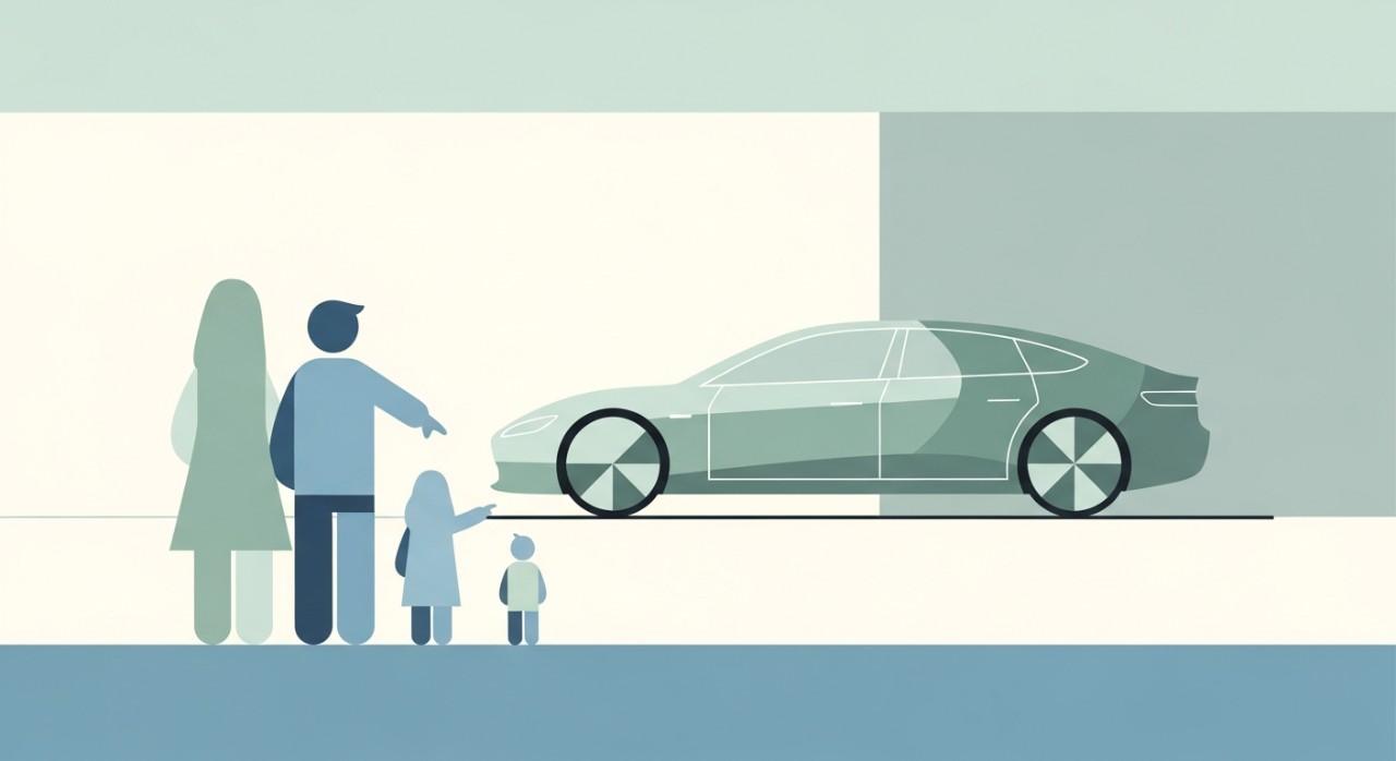 Sebuah keluarga sedang melihat model kereta elektrik baharu di bilik pameran.