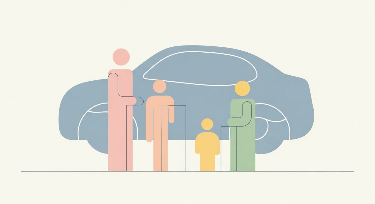 Sebuah keluarga sedang berunding tentang pembelian kereta baharu di pameran.