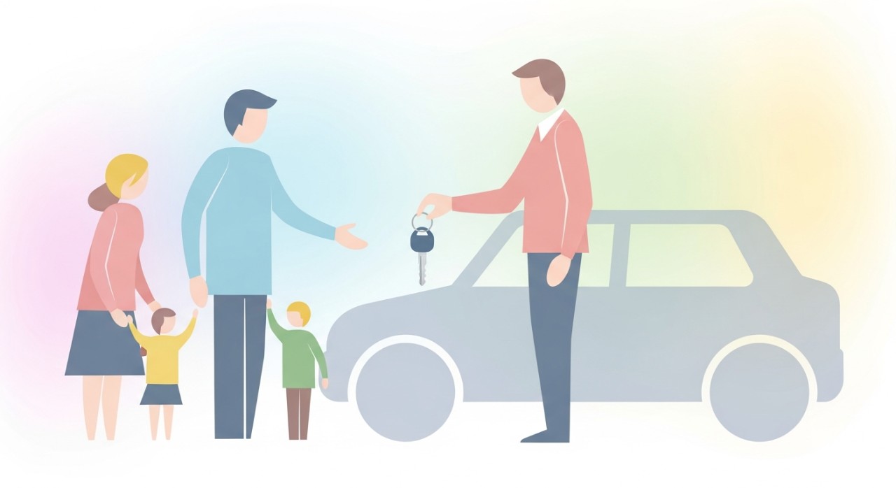 Sebuah keluarga kecil dengan anak-anak menerima kunci kereta baru mereka dari seorang wakil jualan.