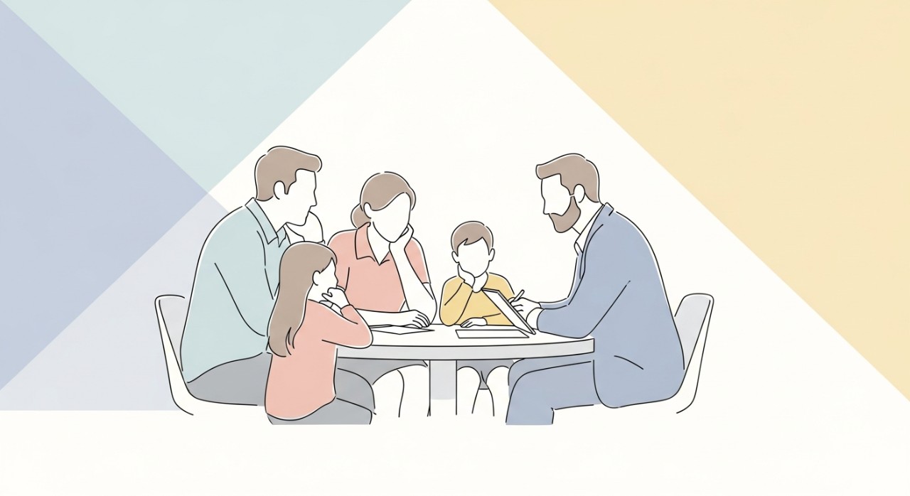 Sebuah keluarga sedang berbincang mengenai pilihan pinjaman kereta dengan seorang penasihat kewangan.