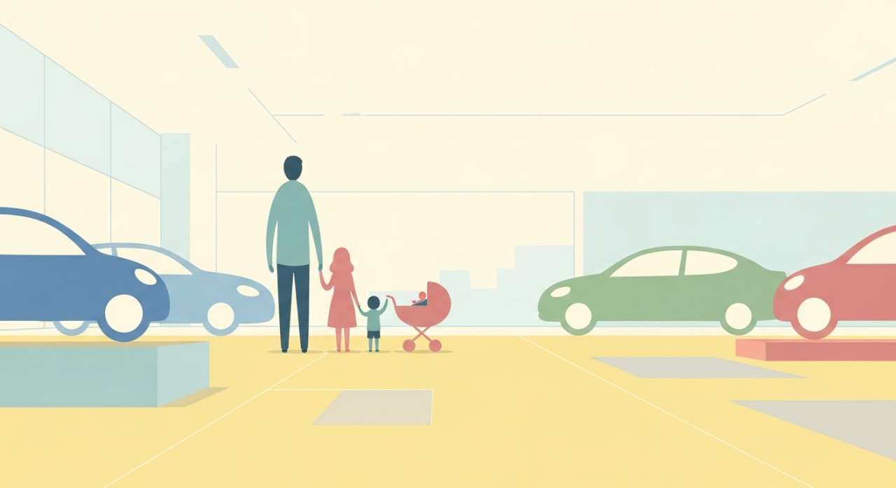 Sebuah keluarga sedang melihat-lihat kereta di bilik pameran kereta.