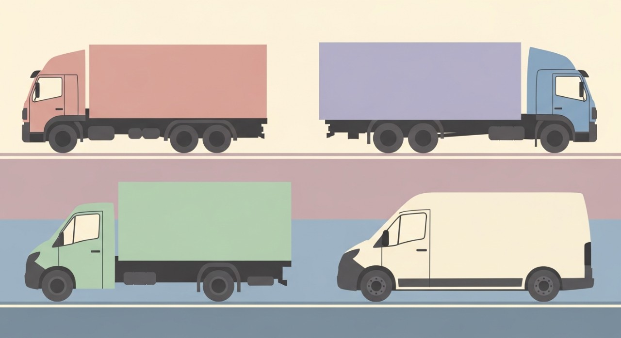 Beberapa kenderaan komersial seperti lori dan van sedang bergerak di jalan raya.