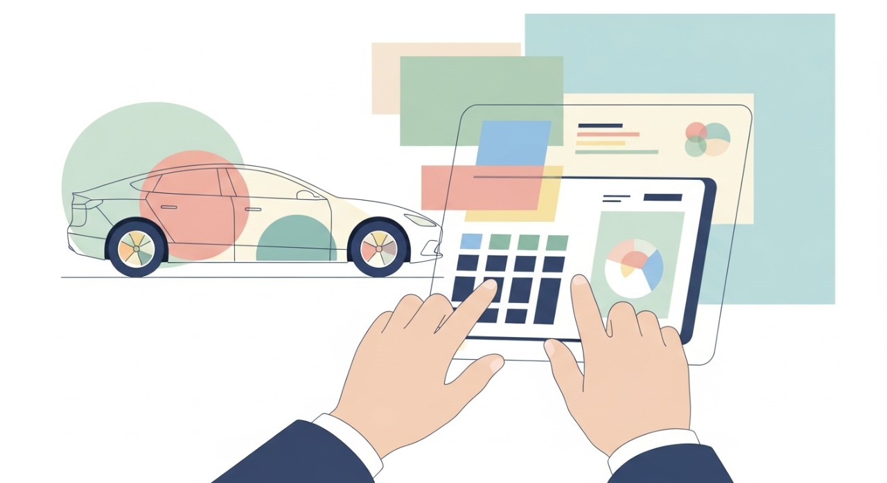 Tangan sedang mengira bayaran bulanan untuk pinjaman kenderaan elektrik.