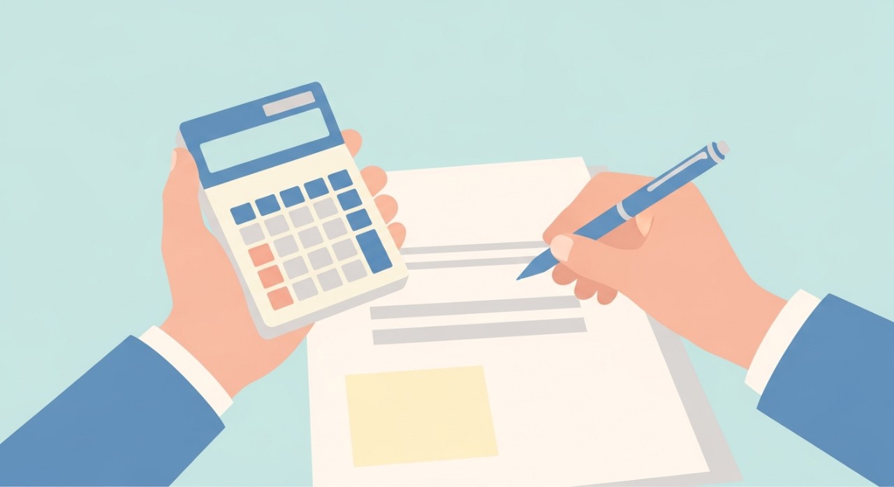 Tangan sedang membuat kiraan bayaran balik pinjaman kereta.