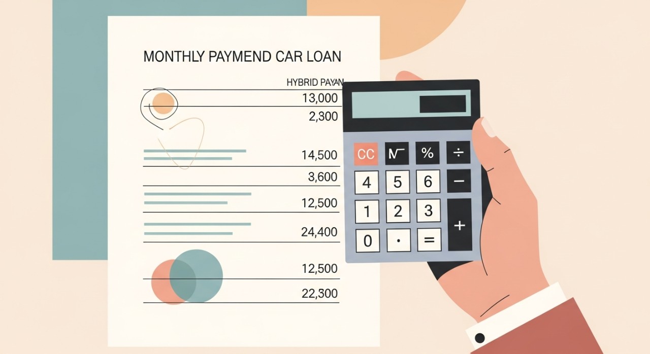 Tangan memegang kalkulator di atas kertas dengan kiraan bayaran bulanan untuk pinjaman kereta hibrid.