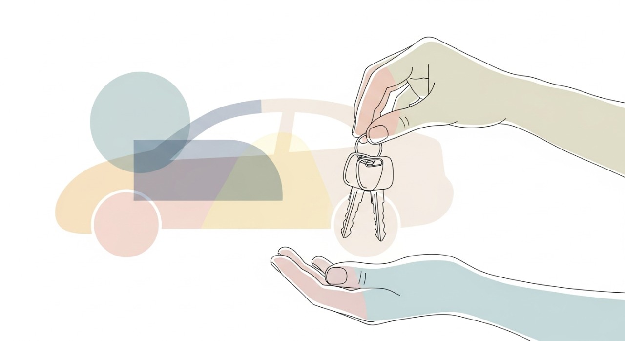 Jadual Pinjaman Kenderaan untuk Penjawat Awam Faedah Tetap 1 Tangan memegang kunci kereta baru dengan latar belakang kenderaan.