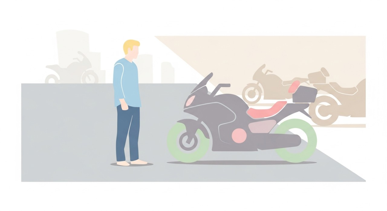 Seorang lelaki sedang melihat motosikal touring baharu di sebuah bilik pameran.