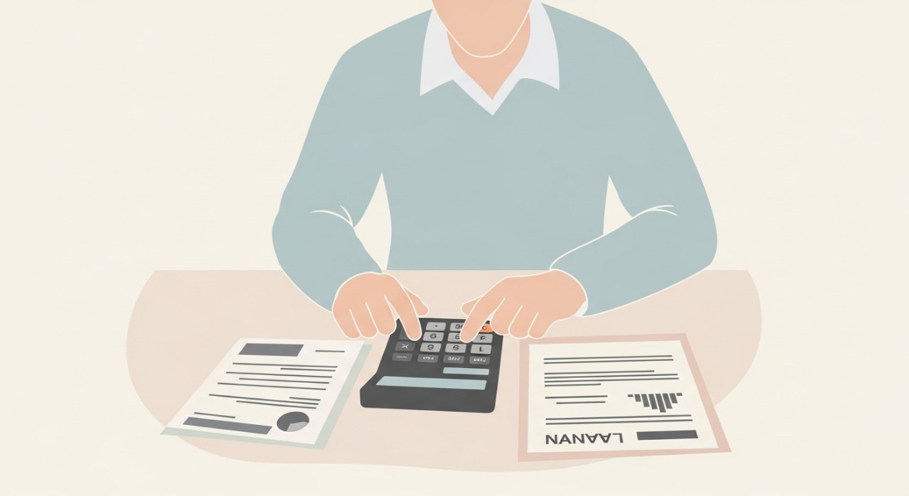 Seorang lelaki sedang mengira jumlah ansuran bulanan untuk pinjaman motosikal menggunakan kalkulator.