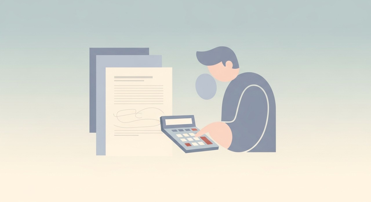 Seorang lelaki sedang meneliti dokumen dan menggunakan kalkulator untuk mengira bayaran ansuran kereta.