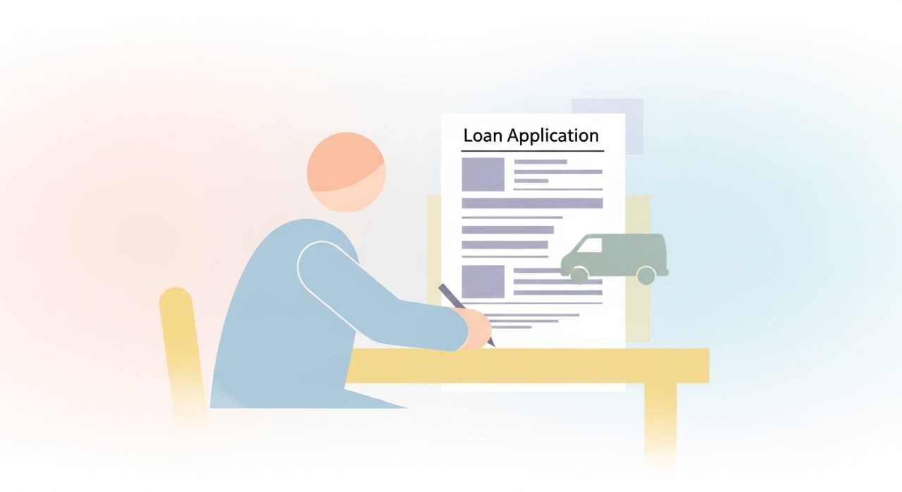 Seorang lelaki sedang mengisi borang permohonan pinjaman untuk membeli sebuah van.