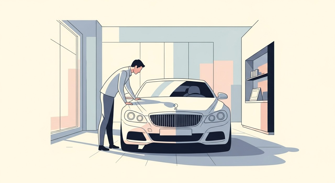 Seorang lelaki sedang meninjau kereta mewah terpakai di bilik pameran.