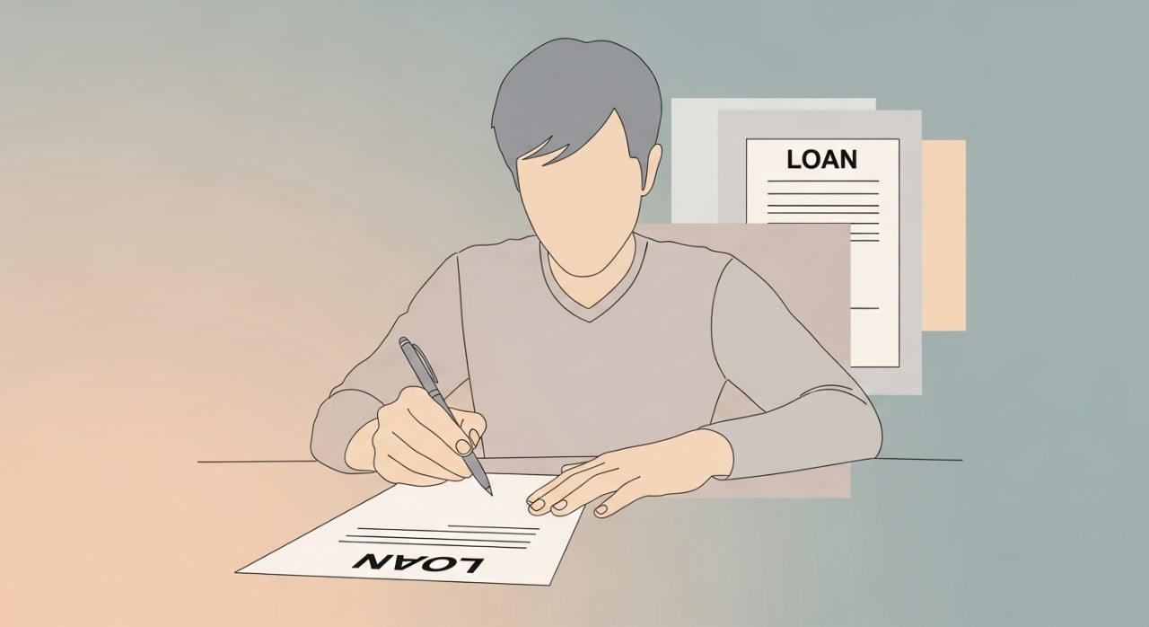 Seorang lelaki muda sedang meneliti dokumen pinjaman dengan pen di tangan.