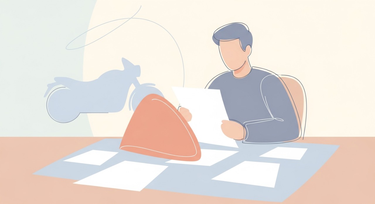 Seorang lelaki sedang meneliti dokumen-dokumen berkaitan permohonan pinjaman motosikal di atas meja.