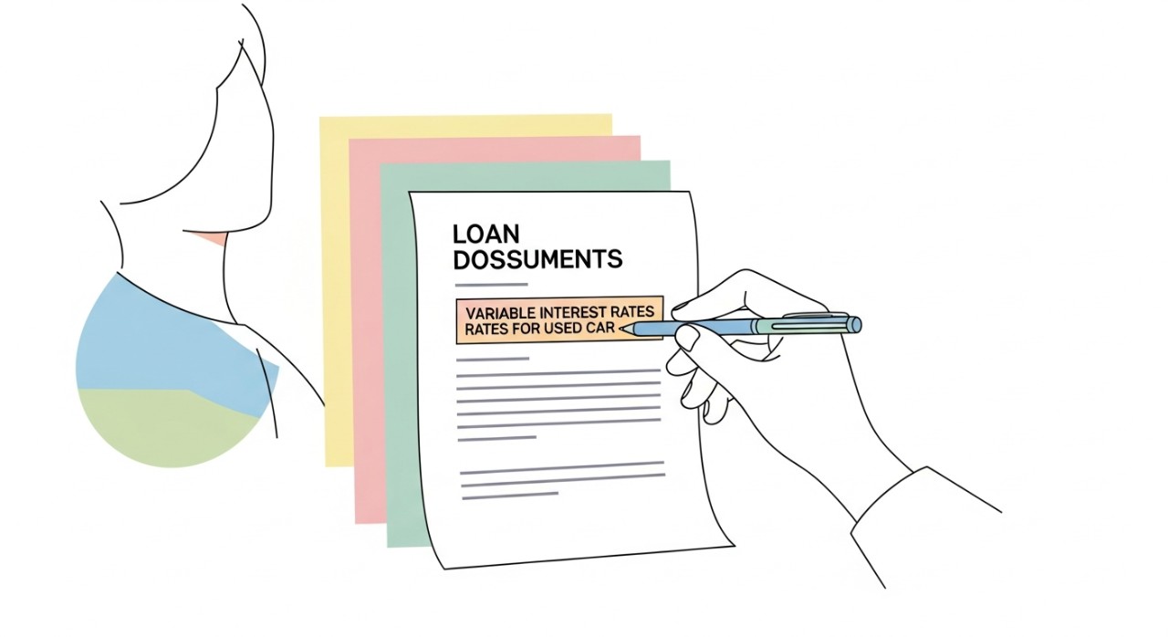 Seseorang sedang mengkaji dokumen pinjaman dengan penekanan pada kadar faedah berubah untuk kereta terpakai.