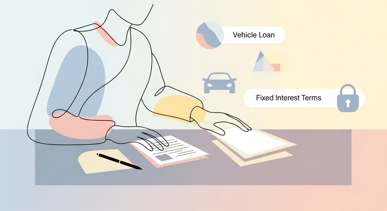 Seseorang sedang meneliti dokumen pinjaman kenderaan dan terma faedah tetap.