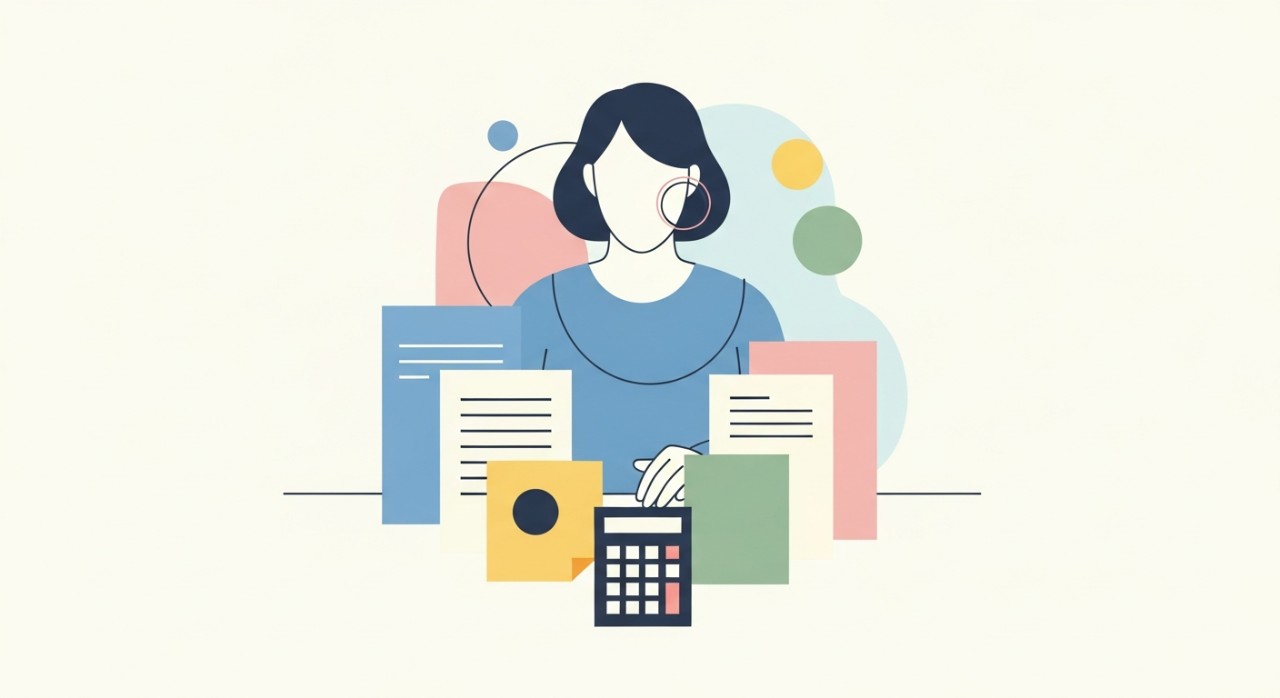 Seseorang sedang mengira kadar faedah pinjaman dengan kalkulator dan dokumen.