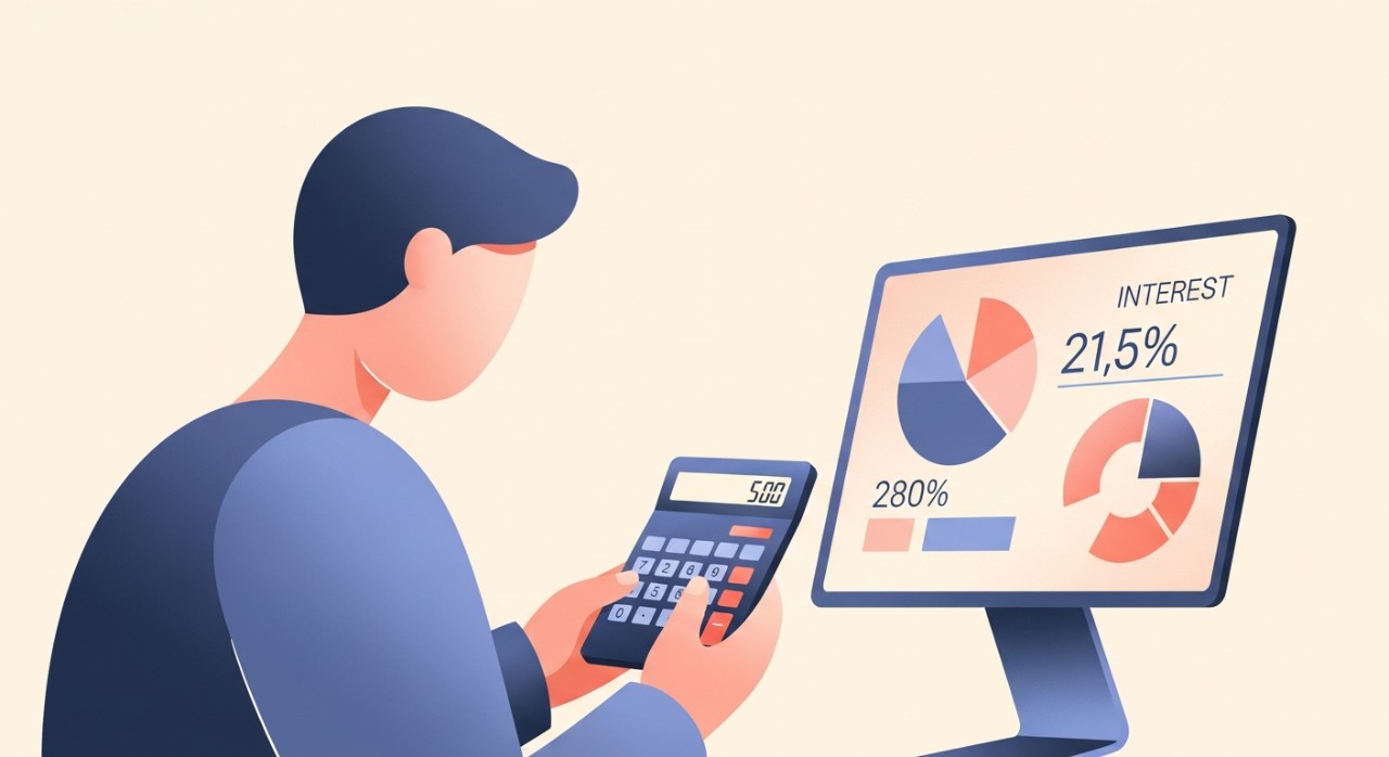 Seseorang sedang mengira atau membandingkan kadar faedah untuk pinjaman kenderaan.