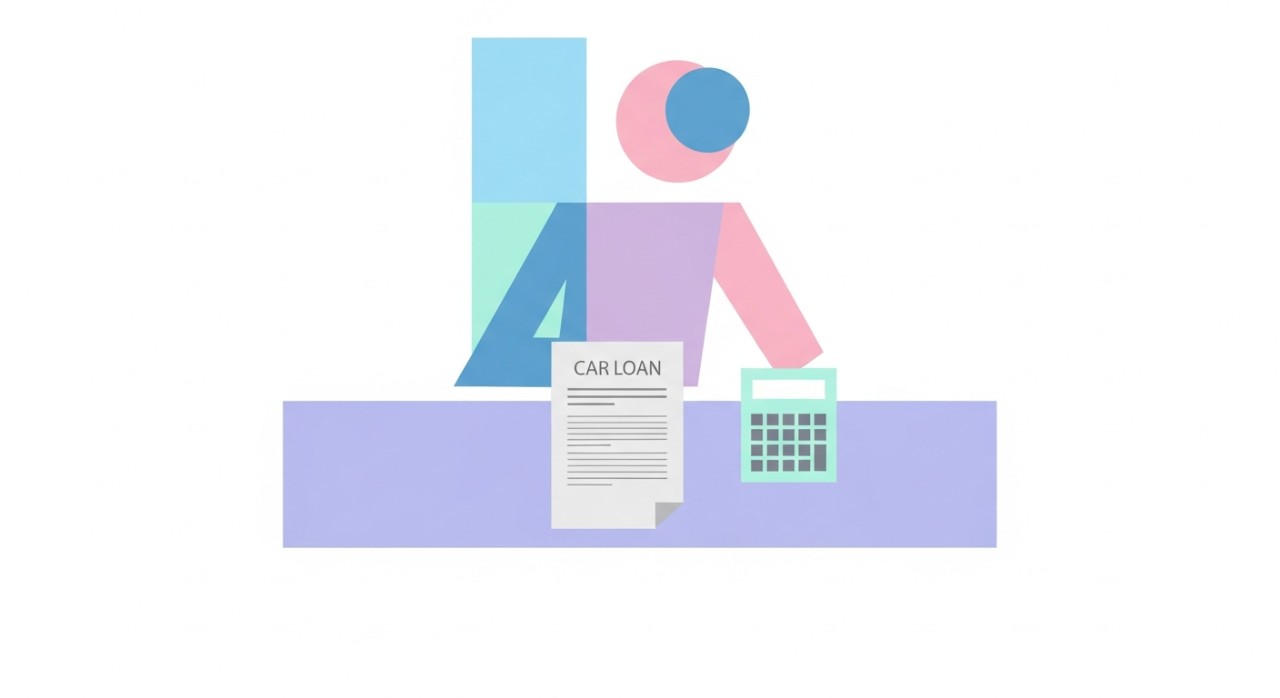 Seorang individu sedang meneliti dokumen pinjaman kenderaan dengan kalkulator di atas meja.