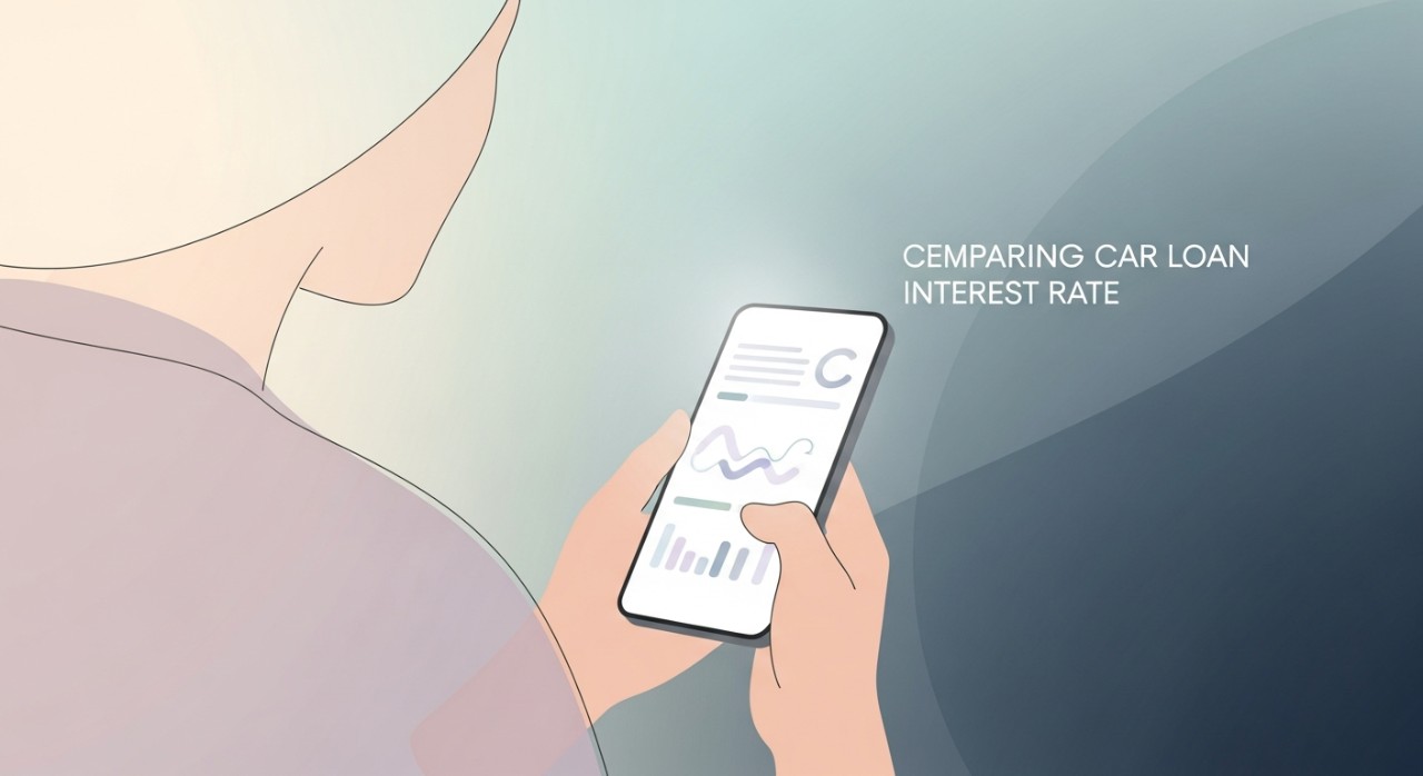 Seseorang sedang membandingkan kadar faedah pinjaman kereta di telefon pintar.
