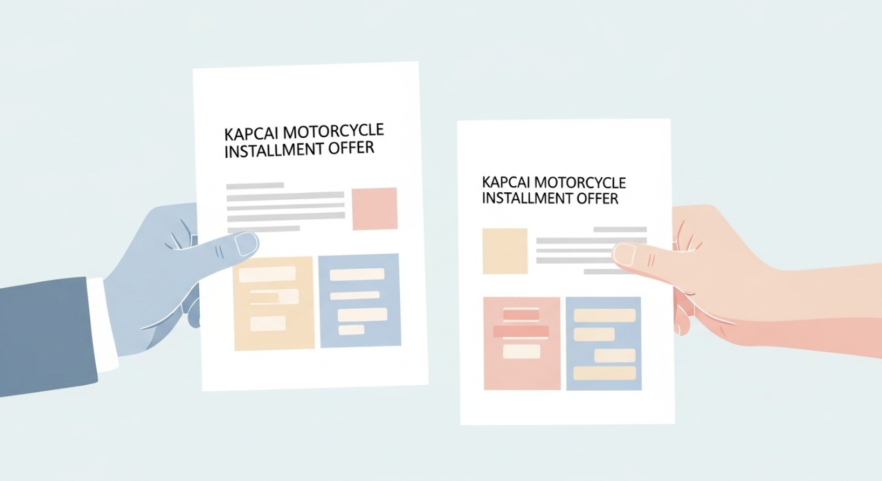 Dua tangan sedang memegang dan membandingkan dokumen tawaran ansuran untuk motosikal kapcai yang berbeza.