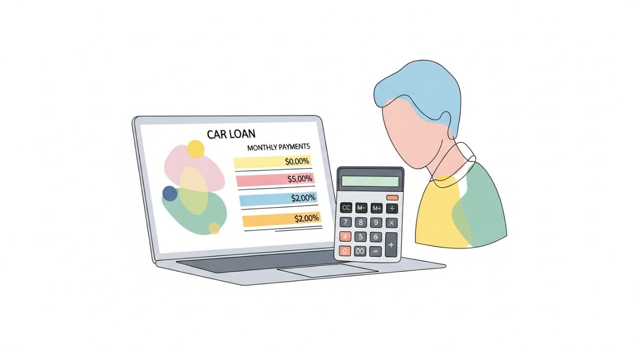 Seseorang sedang membandingkan pelbagai pilihan pinjaman kereta di komputer riba dengan kalkulator di sisi.