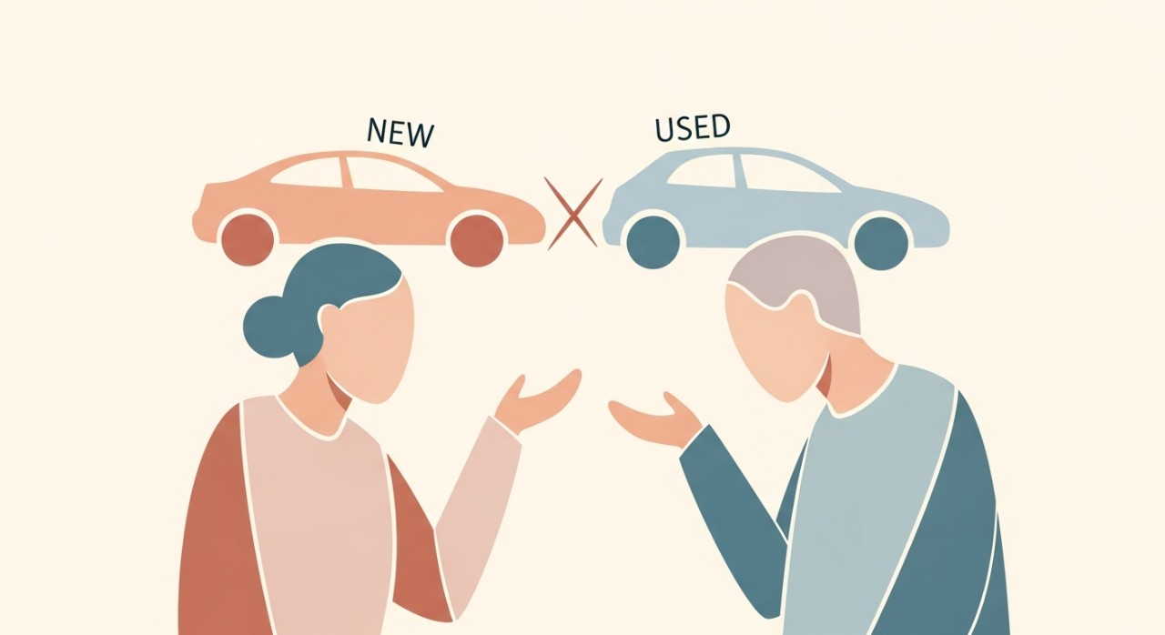 Dua orang sedang melihat jadual perbandingan pinjaman untuk kereta baharu dan terpakai.