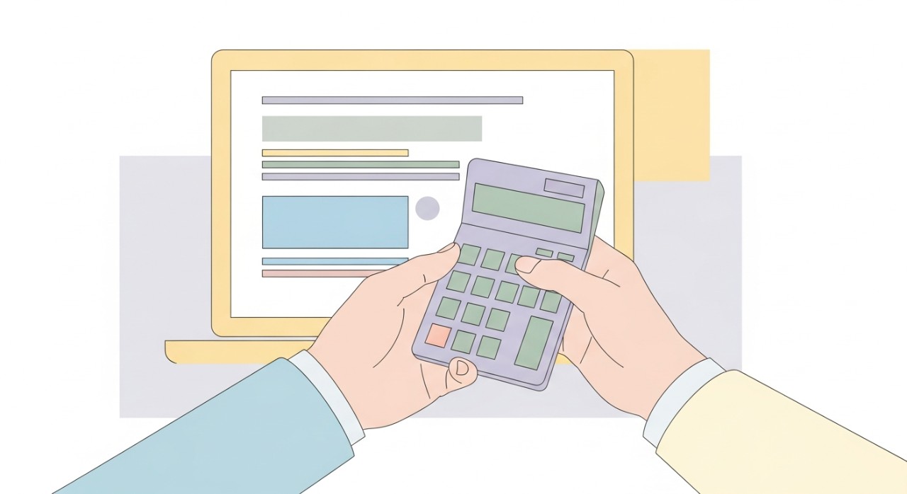 Tangan seseorang sedang memegang kalkulator di hadapan laptop yang menunjukkan maklumat pinjaman kenderaan elektrik.
