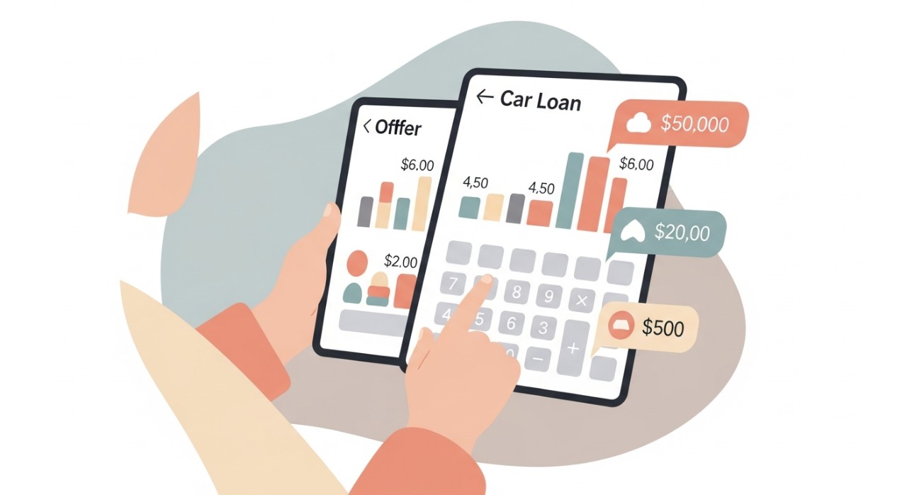 Seseorang sedang menggunakan kalkulator atau aplikasi di tablet untuk membandingkan tawaran pinjaman kereta dari bank yang berbeza.