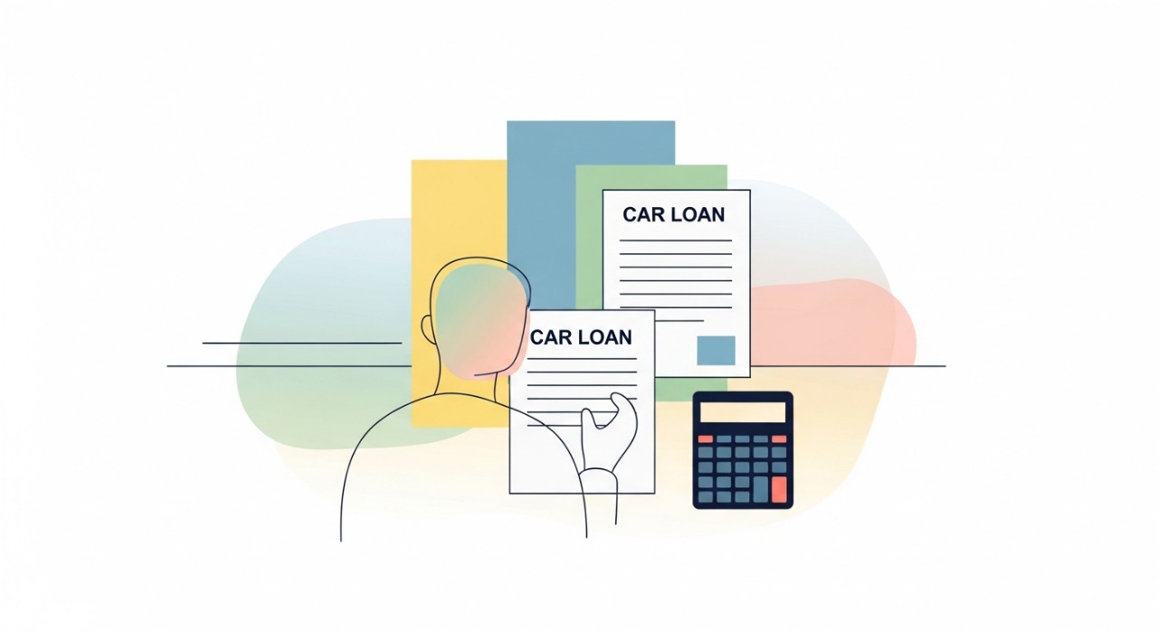 Seseorang sedang meneliti dokumen pinjaman kereta dan kalkulator di atas meja.