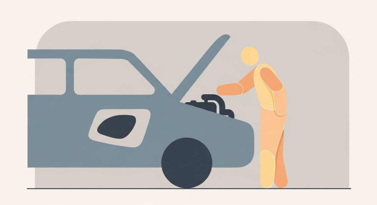 Seorang juruteknik sedang memeriksa enjin kereta terpakai di bengkel.