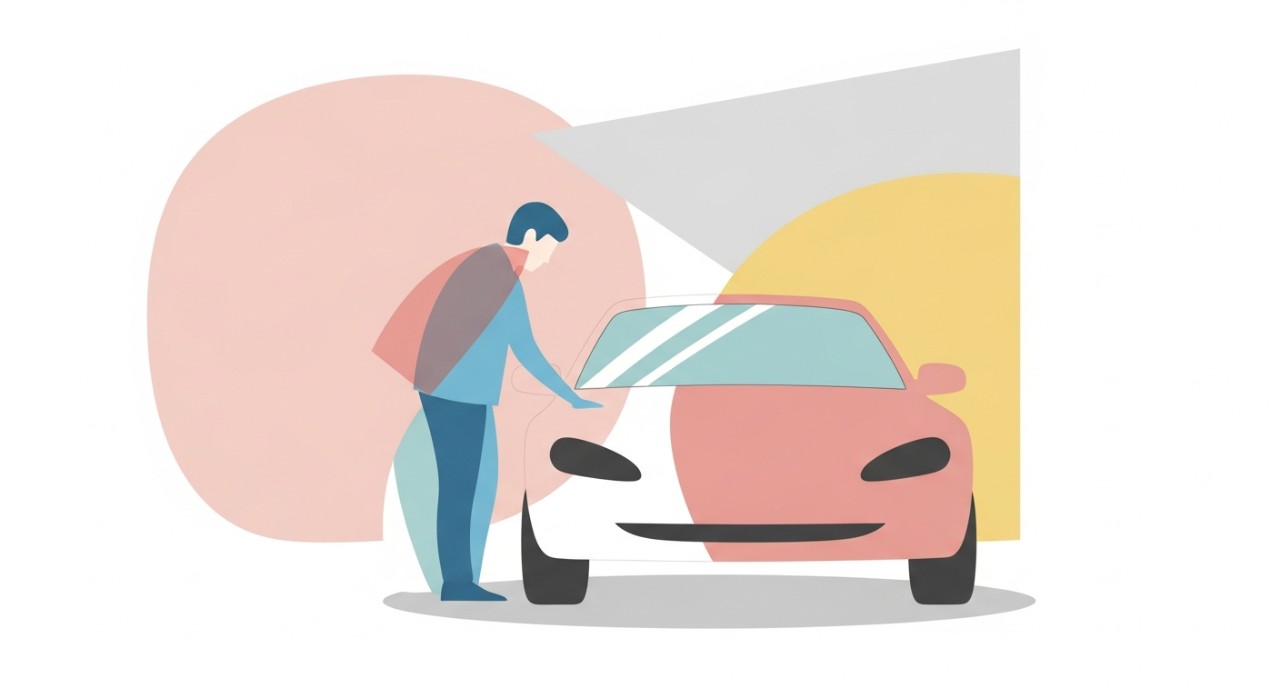 Seseorang sedang memeriksa keadaan sebuah kereta terpakai di bilik pameran.