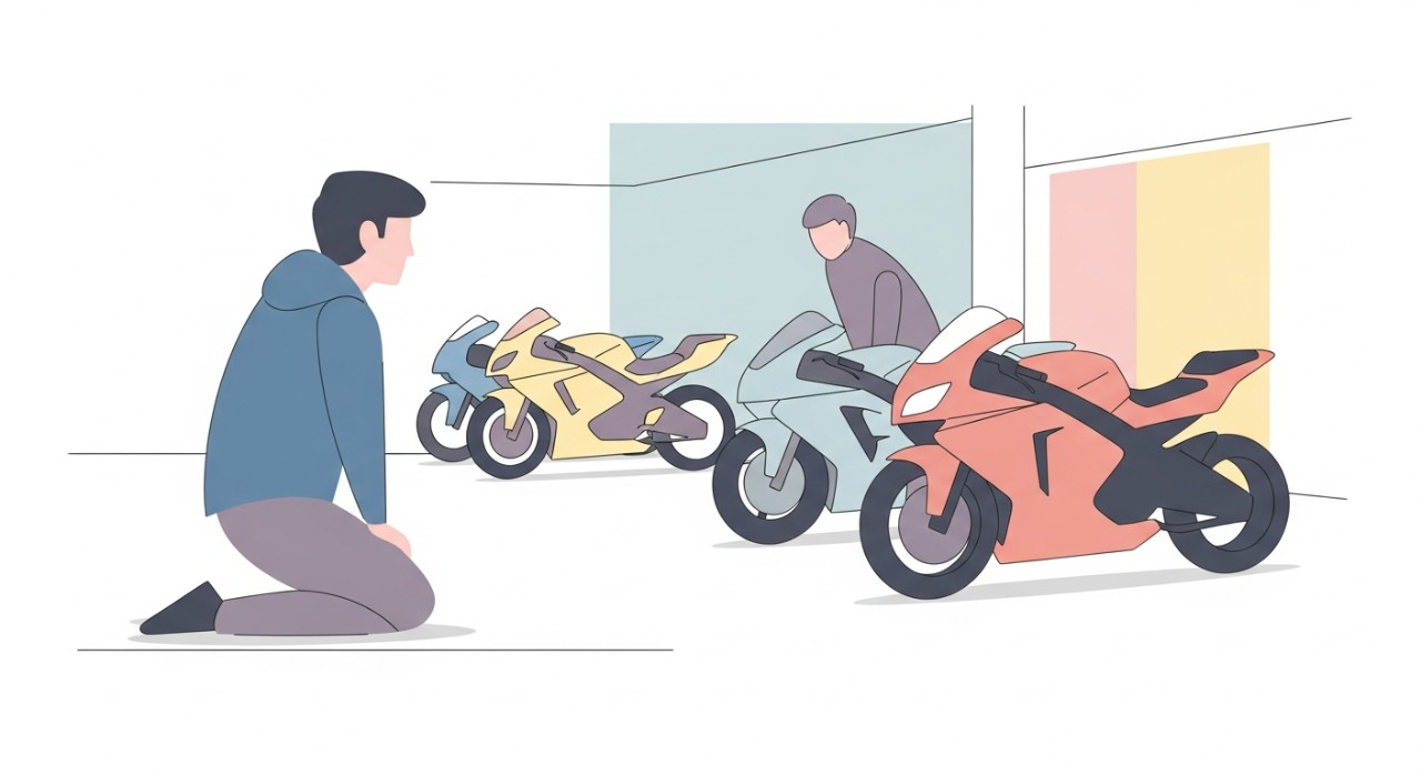 Seseorang sedang membandingkan pelbagai model motosikal kuasa tinggi di sebuah bilik pameran.