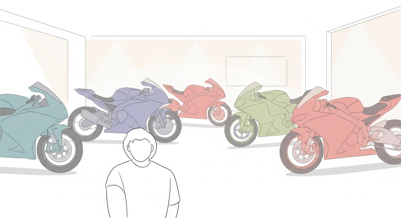 Seorang individu sedang melihat pelbagai model motosikal sport di sebuah bilik pameran.