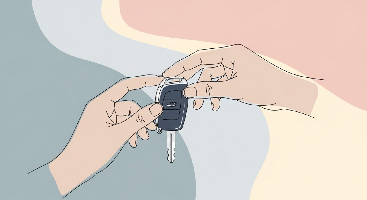 Tangan sedang memegang kunci kereta mewah baharu.
