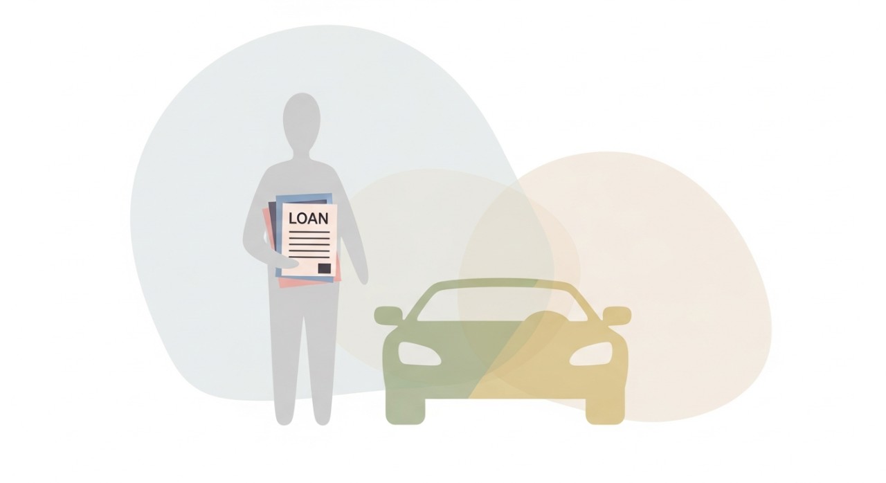 Seseorang sedang berdiri di hadapan kereta terpakai sambil memegang dokumen pinjaman.