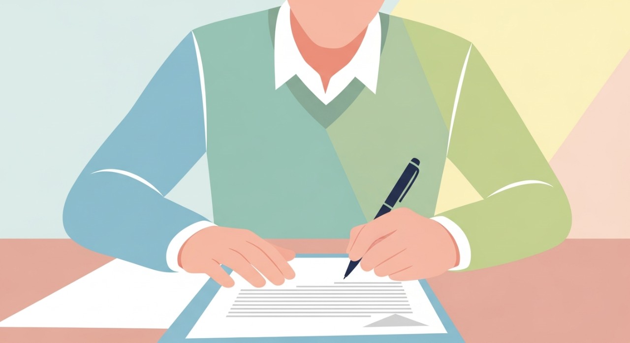 Seorang individu menandatangani dokumen pinjaman kenderaan dengan mudah.