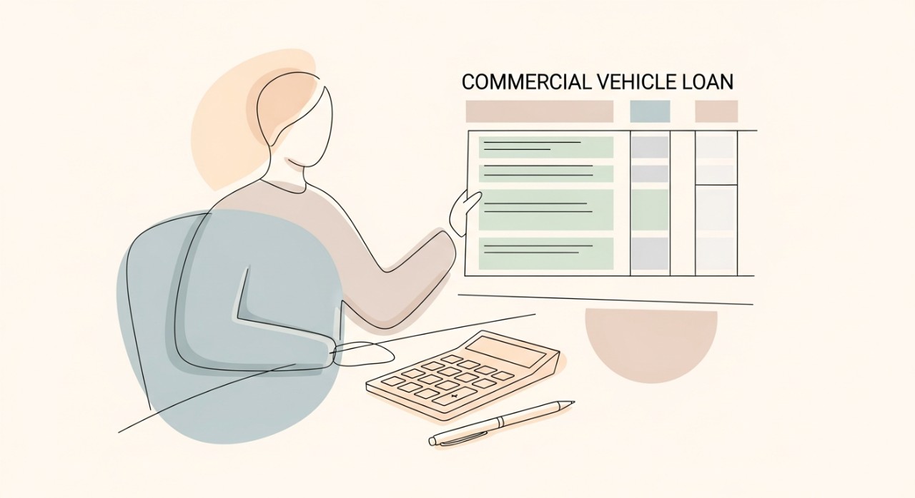 Seseorang sedang meneliti jadual pembayaran pinjaman kenderaan komersial dengan kalkulator.