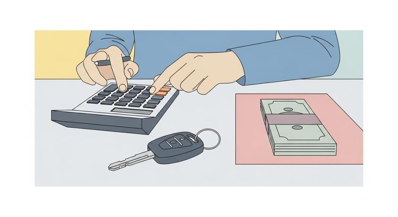 Seseorang sedang menggunakan kalkulator untuk mengira bayaran bulanan pinjaman kereta sambil melihat dokumen.