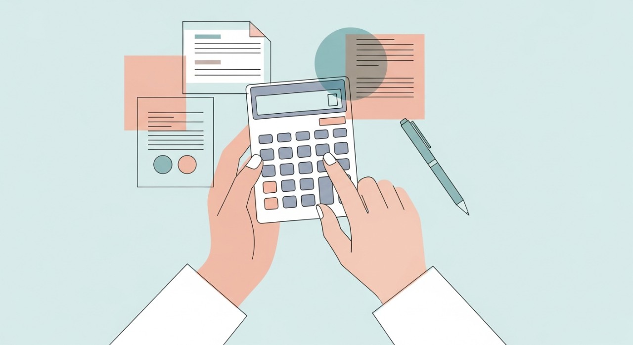 Seseorang sedang mengira ansuran pinjaman kereta menggunakan kalkulator dan dokumen kewangan.