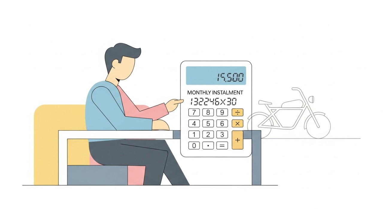 Jadual Pinjaman Motosikal untuk Penghantaran (Komersial) 1 Seseorang sedang menggunakan kalkulator untuk mengira bayaran ansuran bulanan bagi pinjaman motosikal.