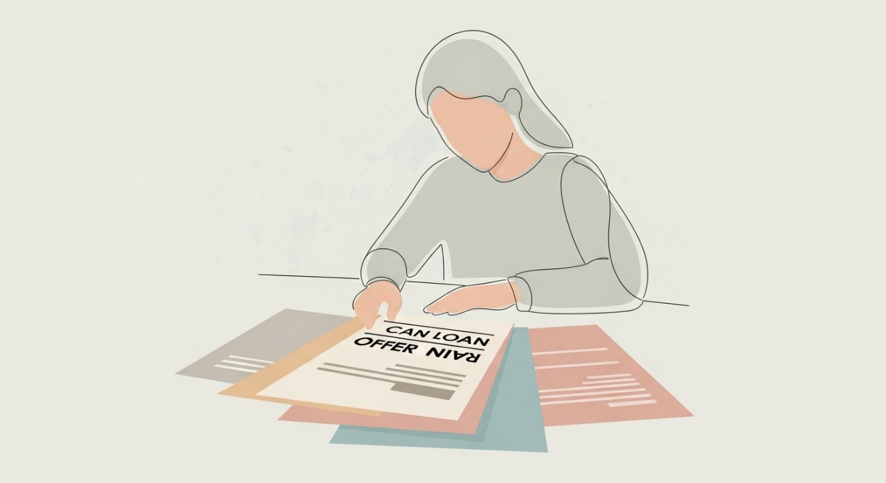 Seseorang sedang meneliti pelbagai dokumen tawaran pinjaman kenderaan.