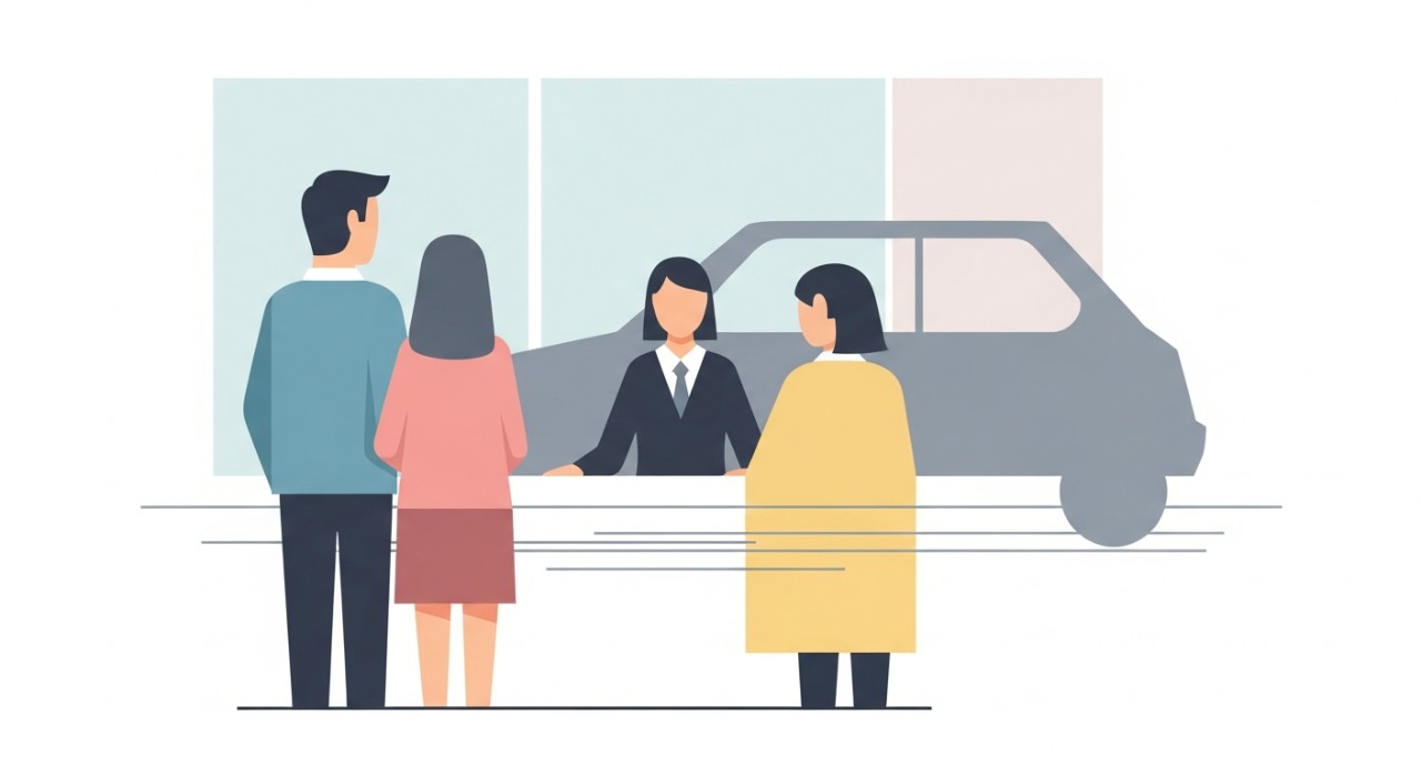 Sepasang suami isteri sedang berbincang dengan jurujual kereta terpakai.