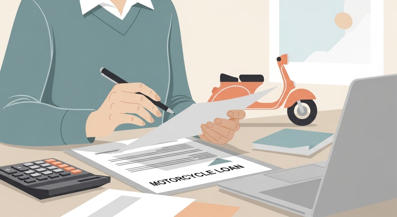 Seseorang sedang memegang pen, menganalisis dokumen pinjaman motosikal skuter dengan kalkulator dan komputer riba di atas meja.