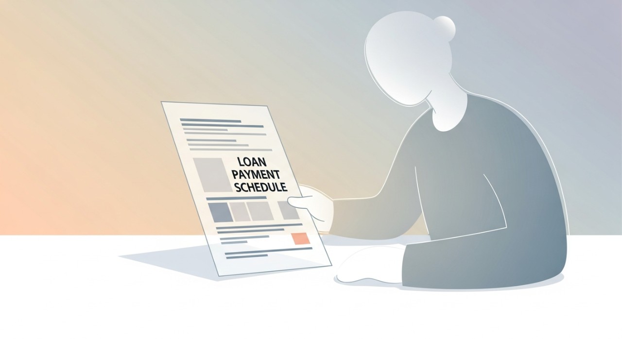 Seseorang sedang meneliti dokumen jadual pembayaran pinjaman di atas meja.