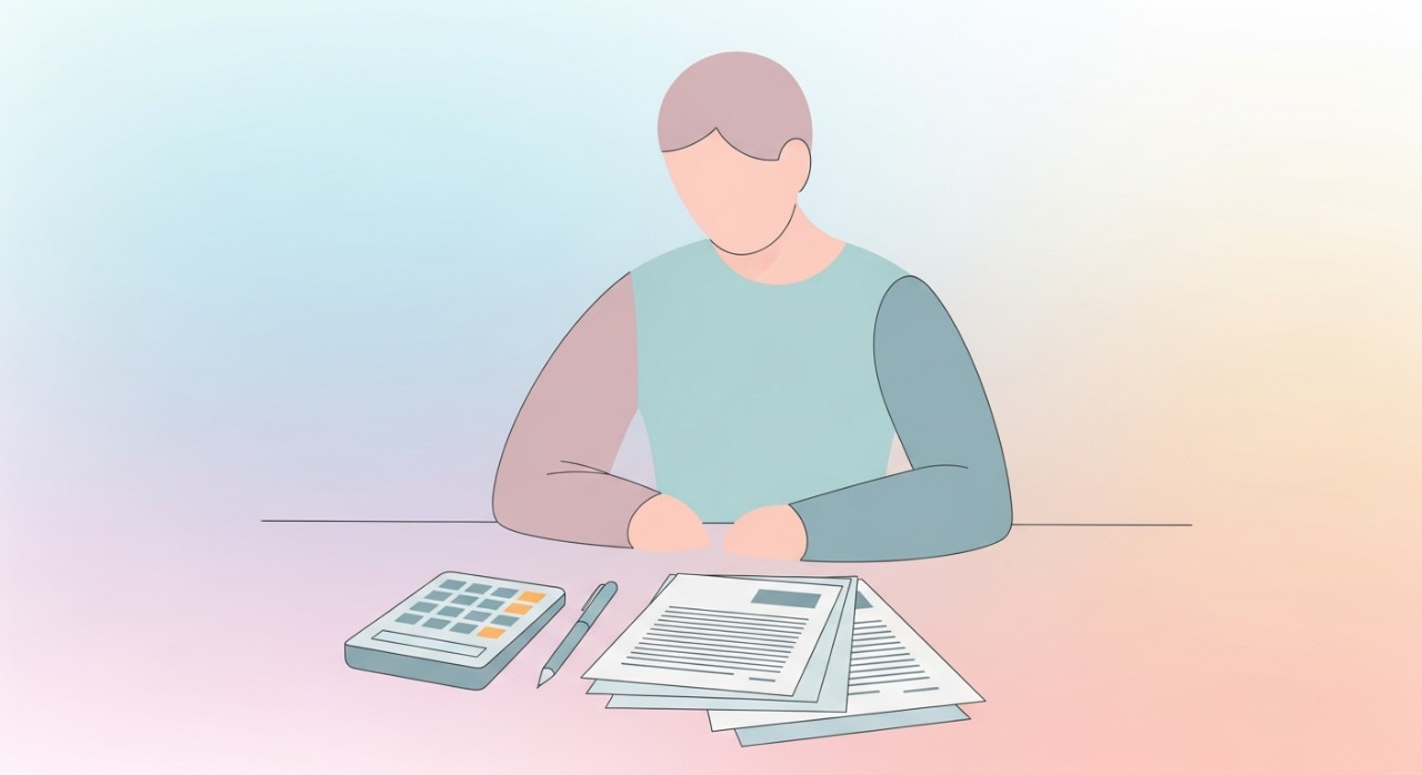 Senarai Jadual Pinjaman Kenderaan Elektrik Mewah 2026 1 Seseorang sedang melihat dokumen dengan kalkulator dan pen di atas meja.