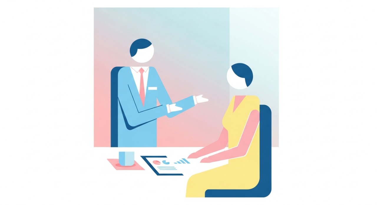 Seorang pegawai bank sedang menerangkan syarat pinjaman kenderaan kepada pelanggan.