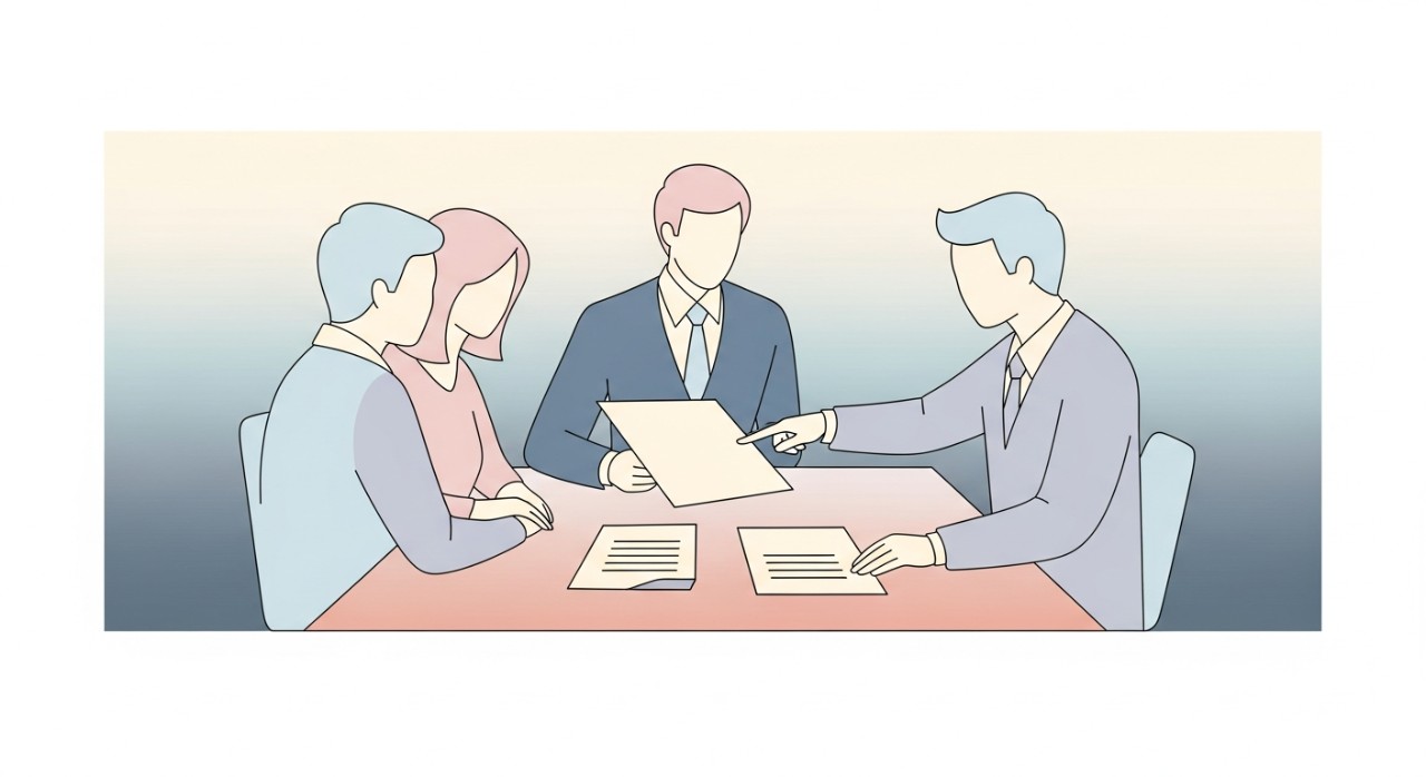 Sepasang suami isteri sedang meneliti dokumen perjanjian pinjaman kereta di hadapan penasihat bank.