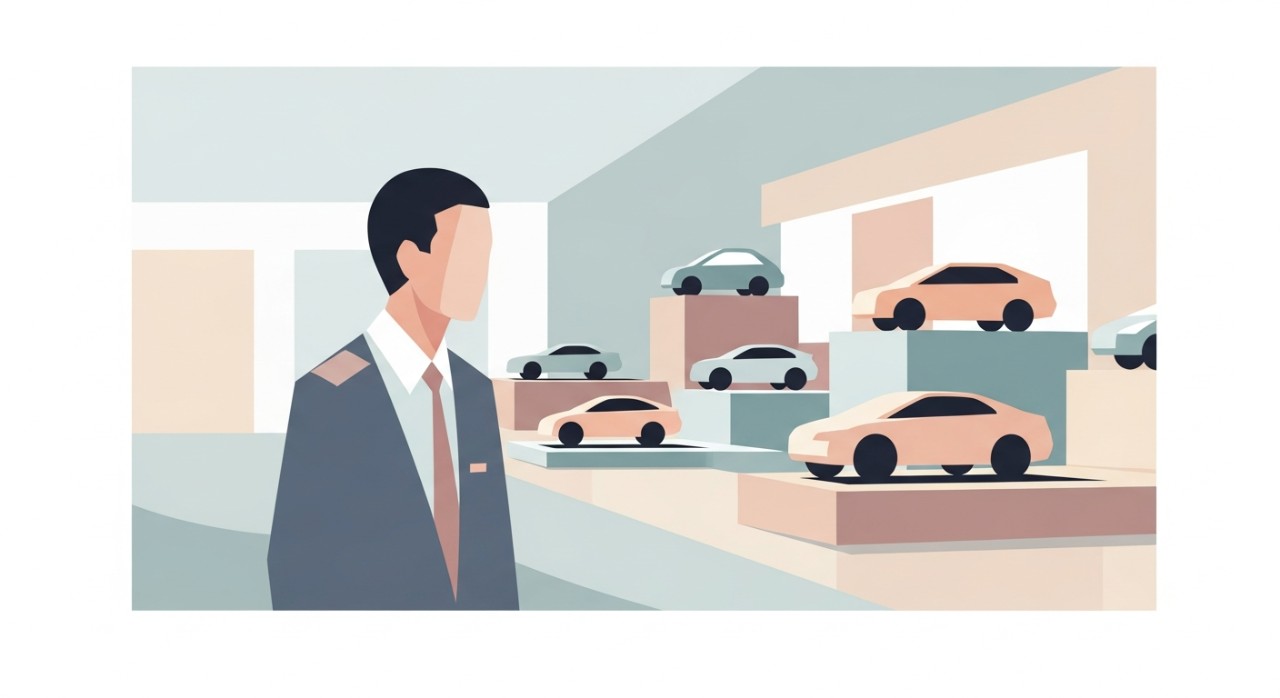 Seorang pegawai awam sedang melihat model kereta di bilik pameran.