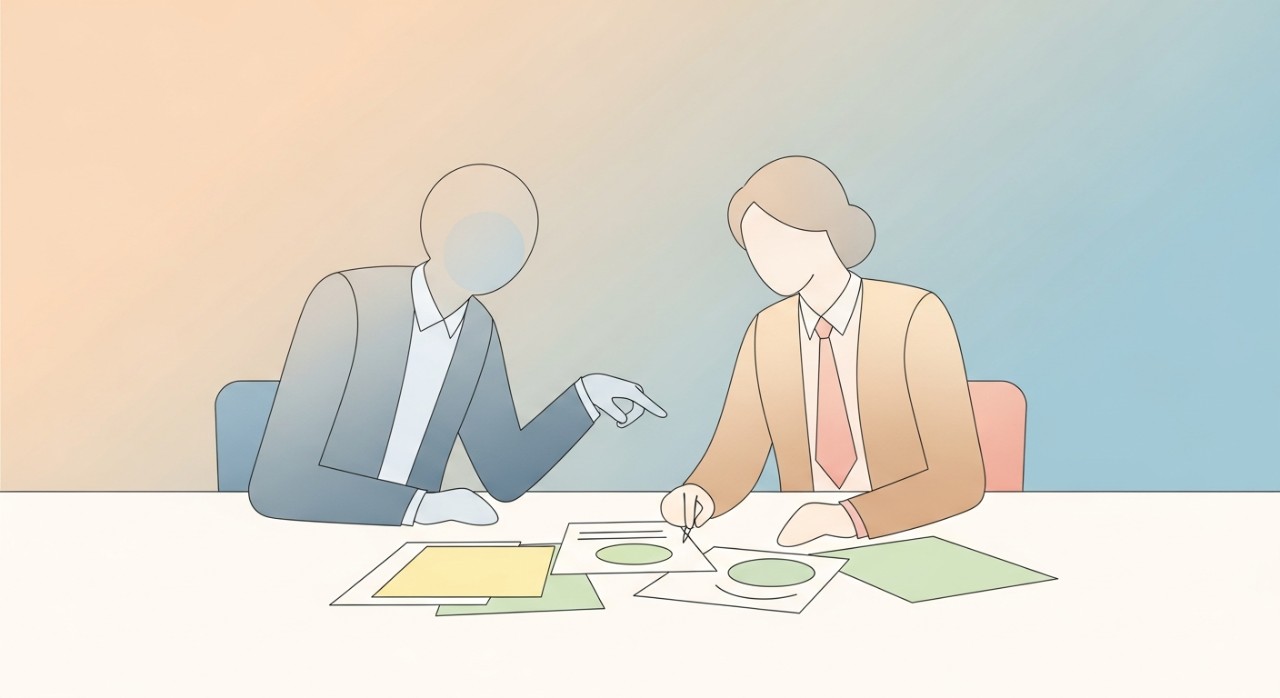 Dua orang profesional sedang melihat dokumen di atas meja, mungkin membincangkan jadual pembayaran pinjaman kenderaan.